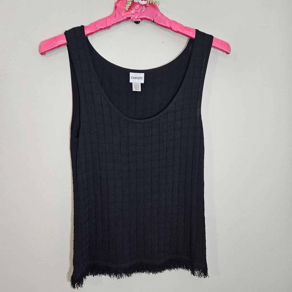 Chico's Black Grid Knit Fringe Hem TankTop Scoop Neck Sz 1 (Med) Minimalist Old$